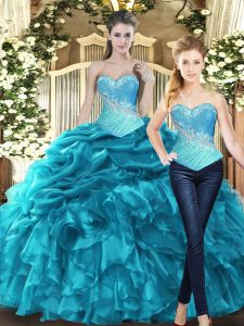 Sleeveless Tulle Floor Length Lace Up 15th Birthday Dress in Teal with Beading and Ruffles