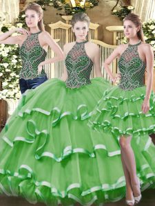 Lovely Organza High-neck Sleeveless Lace Up Beading and Ruffled Layers Quinceanera Dresses in Green