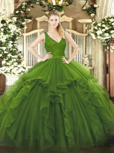 Low Price Olive Green Backless V-neck Beading and Lace and Ruffles Quinceanera Gowns Organza Sleeveless