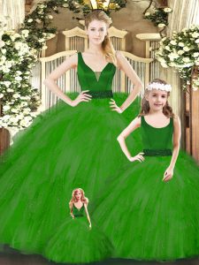 Beading and Ruffles Quinceanera Gown Green Zipper Sleeveless Floor Length