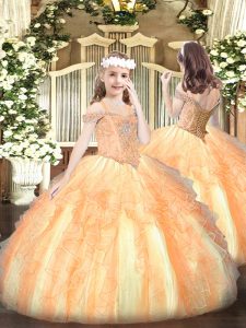 Orange Sleeveless Floor Length Beading and Ruffles Lace Up Pageant Dress for Womens