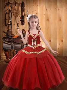 Graceful Red Little Girls Pageant Gowns Sweet 16 and Quinceanera with Embroidery and Ruffles Straps Sleeveless Lace Up