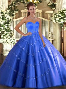 Blue Sweetheart Lace Up Beading and Appliques 15 Quinceanera Dress Sleeveless