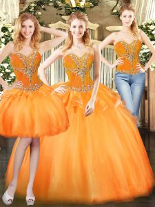 Orange Red Three Pieces Sweetheart Sleeveless Organza Floor Length Lace Up Beading and Ruffles Quinceanera Gown