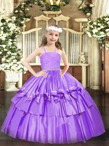 Stunning Lavender Straps Neckline Beading and Lace and Ruffled Layers Little Girl Pageant Gowns Sleeveless Zipper