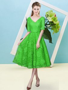 Green Lace Lace Up V-neck Half Sleeves Tea Length Quinceanera Court Dresses Bowknot