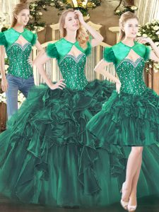 Dark Green Sleeveless Floor Length Beading and Ruffles Lace Up 15 Quinceanera Dress