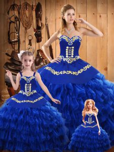 Sleeveless Satin and Organza Floor Length Lace Up Sweet 16 Dresses in Blue with Embroidery and Ruffled Layers