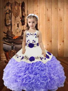 Most Popular Sleeveless Floor Length Embroidery and Ruffles Lace Up Glitz Pageant Dress with Lavender