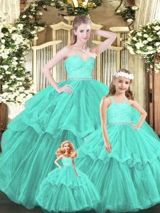 Excellent Aqua Blue Organza Lace Up Sweetheart Sleeveless Floor Length Quinceanera Dress Lace and Ruffled Layers