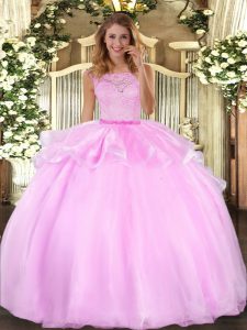 Lilac Organza Clasp Handle Quince Ball Gowns Sleeveless Floor Length Lace