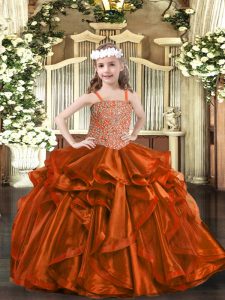 Floor Length Rust Red Kids Pageant Dress Organza Sleeveless Beading and Embroidery and Ruffles