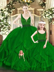 Attractive Green Ball Gowns Organza V-neck Sleeveless Beading and Ruffles Floor Length Zipper Sweet 16 Quinceanera Dress
