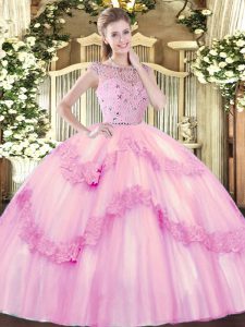 Romantic Floor Length Rose Pink Sweet 16 Quinceanera Dress Bateau Sleeveless Zipper