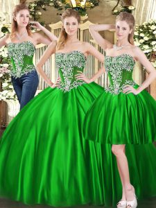 Green Three Pieces Beading Quince Ball Gowns Lace Up Tulle Sleeveless Floor Length