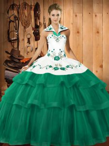 Pretty Turquoise Ball Gowns Halter Top Sleeveless Organza Sweep Train Lace Up Embroidery and Ruffled Layers Sweet 16 Dresses