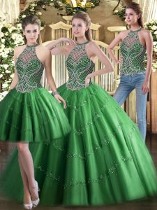 Custom Design Sleeveless Tulle Floor Length Lace Up 15 Quinceanera Dress in Green with Beading