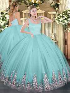 Custom Made Aqua Blue Ball Gowns Appliques 15 Quinceanera Dress Zipper Tulle Sleeveless Floor Length