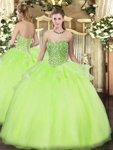 Yellow Green Lace Up Vestidos de Quinceanera Beading and Ruffles Sleeveless Floor Length