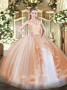 Wonderful Champagne Ball Gowns Tulle Sweetheart Sleeveless Ruffles Floor Length Lace Up 15 Quinceanera Dress