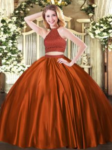 Rust Red Quince Ball Gowns Military Ball and Sweet 16 and Quinceanera with Beading Halter Top Sleeveless Backless