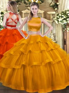 Delicate Rust Red Two Pieces Tulle High-neck Sleeveless Ruffled Layers Floor Length Criss Cross 15 Quinceanera Dress