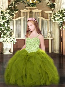 Floor Length Ball Gowns Sleeveless Olive Green Glitz Pageant Dress Lace Up