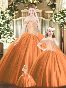 Free and Easy Tulle Off The Shoulder Sleeveless Lace Up Beading Sweet 16 Quinceanera Dress in Orange Red