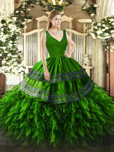 Dazzling Sleeveless Organza Floor Length Backless Sweet 16 Dress in Green with Beading and Lace and Ruffles