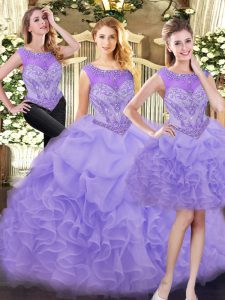 Eye-catching Lavender Three Pieces Organza Scoop Sleeveless Beading and Ruffles Floor Length Zipper Sweet 16 Dress