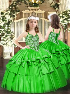 Organza Straps Sleeveless Lace Up Beading and Ruffled Layers Pageant Dress for Teens in Green