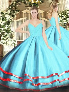 Dazzling Ball Gowns Vestidos de Quinceanera Aqua Blue Spaghetti Straps Organza Sleeveless Floor Length Zipper