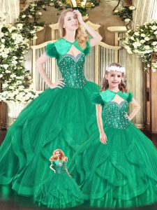 Stunning Turquoise Organza Lace Up Sweetheart Sleeveless Floor Length 15th Birthday Dress Beading and Ruffles