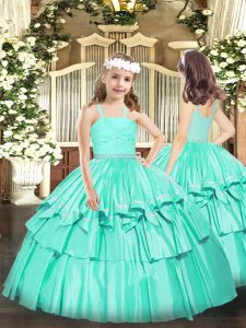 Turquoise Kids Formal Wear Party and Quinceanera with Beading and Lace Straps Sleeveless Zipper