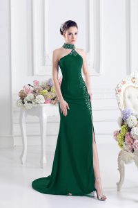 High Quality Elastic Woven Satin Sleeveless Prom Gown Sweep Train and Beading