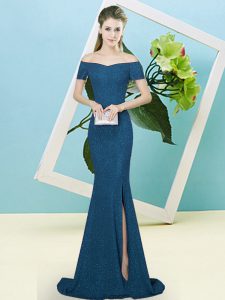 Sequined Off The Shoulder Long Sleeves Sweep Train Zipper Sequins Dress for Prom in Blue