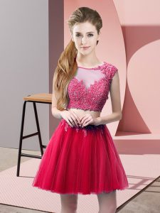 Popular Hot Pink Two Pieces Tulle Scoop Sleeveless Appliques Mini Length Zipper Prom Dresses