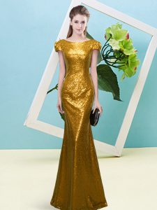 Luxurious Gold Cap Sleeves Sequined Zipper Evening Dress for Prom and Party