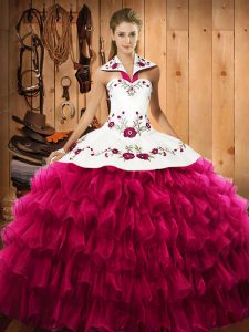 Delicate Fuchsia Ball Gowns Satin and Organza Halter Top Sleeveless Embroidery and Ruffled Layers Floor Length Lace Up Sweet 16 Dress