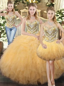 Traditional Beading and Ruffles Sweet 16 Dresses Gold Lace Up Sleeveless Floor Length