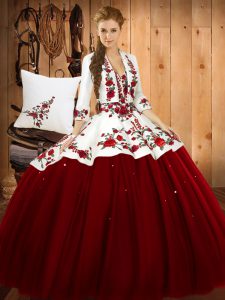 Admirable Sleeveless Satin and Tulle Floor Length Lace Up Sweet 16 Quinceanera Dress in Wine Red with Embroidery