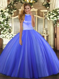 Fashion Sleeveless Tulle Floor Length Backless Sweet 16 Dresses in Blue with Beading