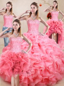 Latest Baby Pink Sleeveless Beading and Ruffles and Ruching Floor Length Vestidos de Quinceanera