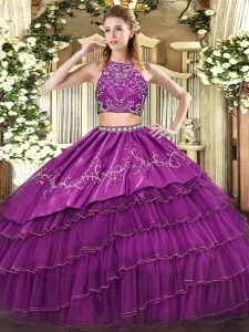 Fitting Floor Length Purple Ball Gown Prom Dress High-neck Sleeveless Zipper