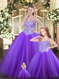 Sweetheart Sleeveless 15th Birthday Dress Floor Length Beading Purple Tulle