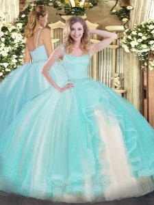 Aqua Blue Sleeveless Floor Length Beading Zipper Ball Gown Prom Dress