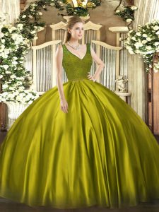 Dazzling Floor Length Backless Quinceanera Dress Olive Green for Military Ball and Sweet 16 and Quinceanera with Beading and Lace