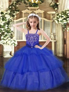 Super Royal Blue Ball Gowns Straps Sleeveless Organza Floor Length Lace Up Beading and Ruffled Layers Pageant Dress for Girls