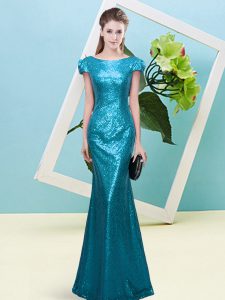 Teal Prom Dresses Prom and Party with Sequins Scoop Cap Sleeves Zipper