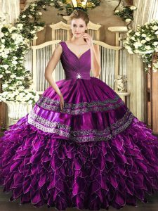 Modest Purple Backless V-neck Beading and Ruffles and Ruching Quinceanera Gown Organza Sleeveless